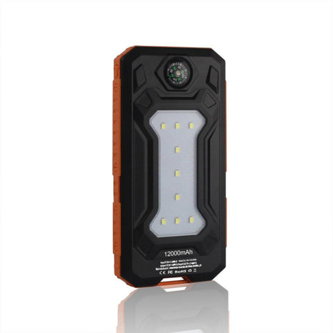 New Travel Solar Power Bank 12000mAh with Dual USB Ports, LED Camp Light and Outdoor Compass