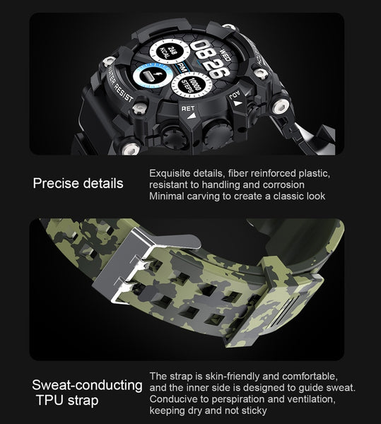 New Multisport HD Large Screen Camouflage-Styled Fitness Tracker Smart Watch For Android IOS