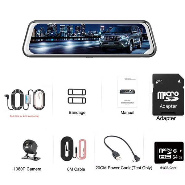 New 10" Touchscreen Dual-Lens Rearview Mirror Dashcam With 24 Hour Surveillance Loop Recording