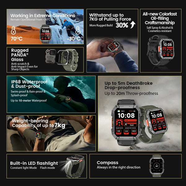New 2.01'' HD Display Rugged Outdoor Smart Watch Fitness Tracker With Emergency Lighting