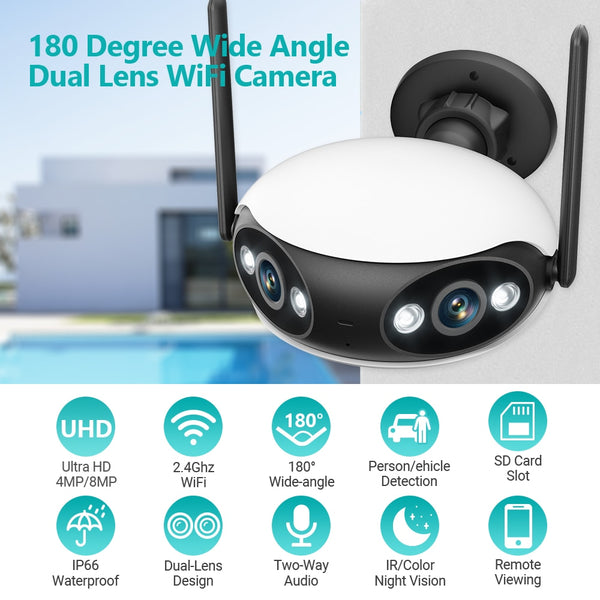 New 4MP 4K Dual Lens Ultra Wide View Angle WIFI Outdoor Security Camera
