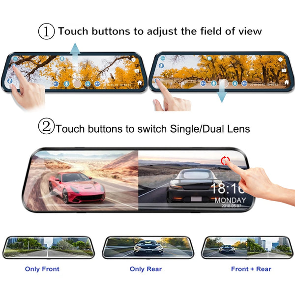 New 10" Touchscreen Dual-Lens Rearview Mirror Dashcam With 24 Hour Surveillance Loop Recording
