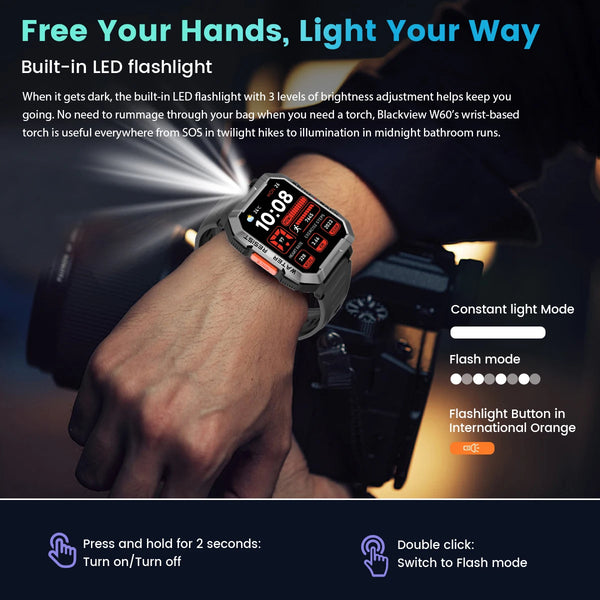 New 2.01'' HD Display Rugged Outdoor Smart Watch Fitness Tracker With Emergency Lighting