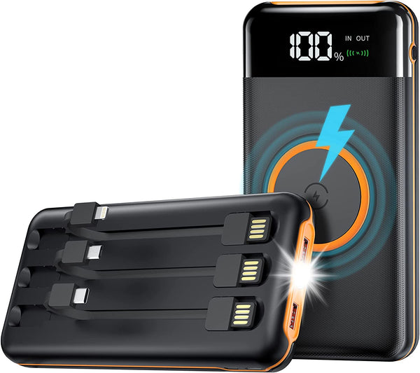 New Large Capacity 40000mAh QI-Capable Power Bank External Charger With Built-In Cables & LED Display