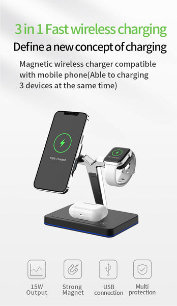 New 3-in-1 Fast Wireless Charger Stand Station For iPhones Airpods Apple Watch