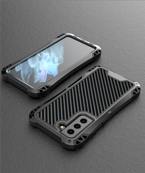 New Carbon Fiber Suited Armor Aluminum Case Outdoor Anti-Shock Cover for Samsung Galaxy S21 FE.