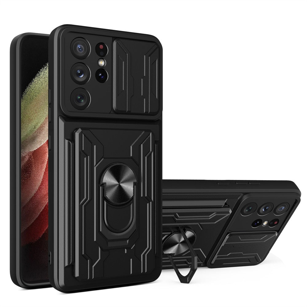 New Credit Card Slot Armor Case With Kickstand Lens Protection For Samsung Galaxy S24 S23 S22 Plus Ultra Series