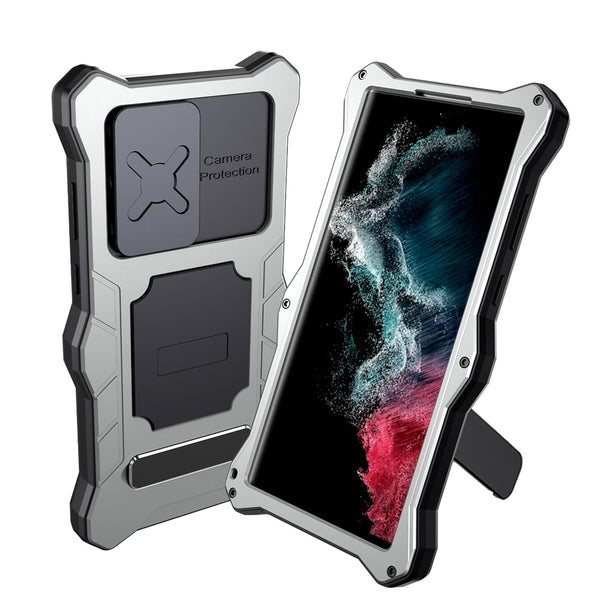 New Heavy Duty Impact-Resistant Metal Bumper Cover Case With Kickstand For Samsung Galaxy S22 Plus Ultra Series