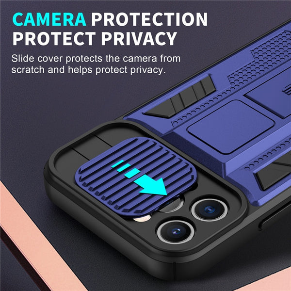 New Protective Armor Bumper Case For iPhone 14 13 12 Pro Max Series W/ Camera Lens Slide Cover Kickstand