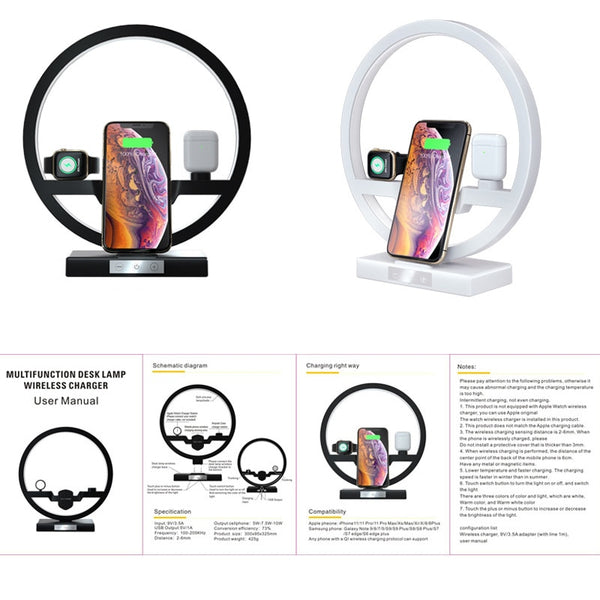 New 3-In-1 Qi Fast Wireless Charger Holder Stand Dock Led Lamp For Compatible iPhones Airpods Apple Watch