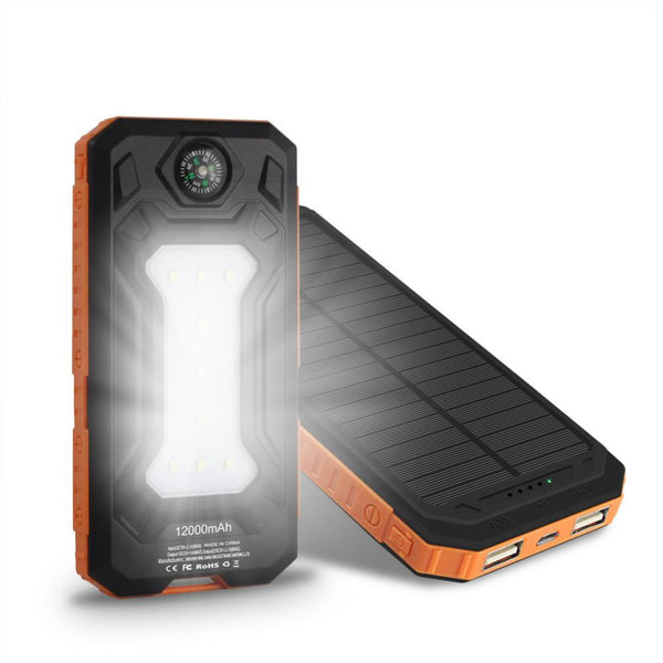New Travel Solar Power Bank 12000mAh with Dual USB Ports, LED Camp Light and Outdoor Compass