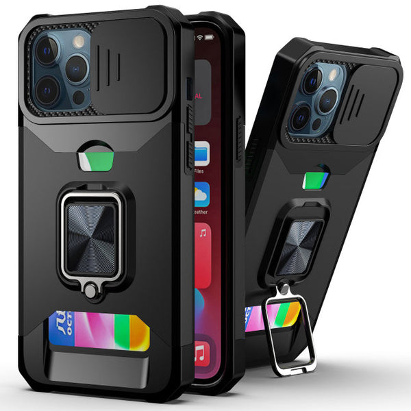 New Magnetic Kickstand Armor Case With Camera Slide Protection Ring Holder Card Slot For iPhone 14 13 12 Series