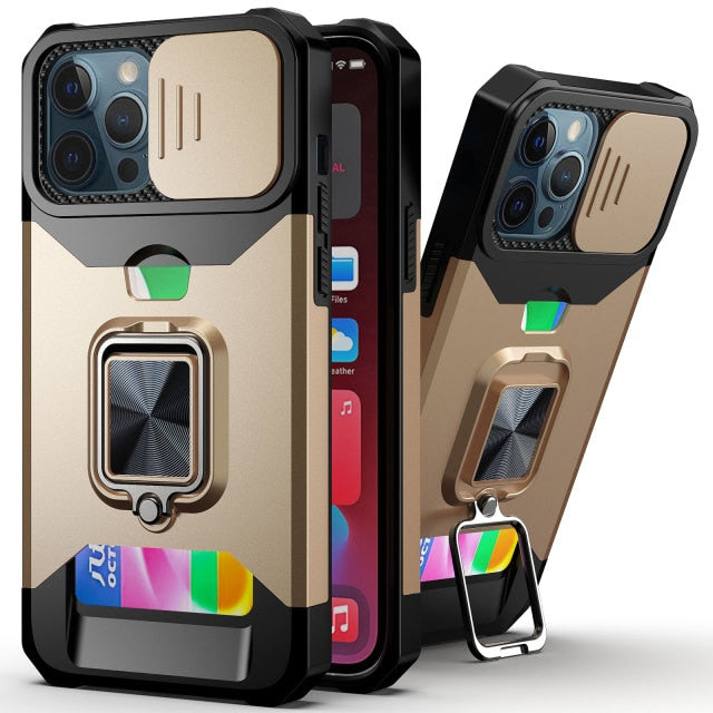 New Magnetic Kickstand Armor Case With Camera Slide Protection Ring Holder Card Slot For iPhone 14 13 12 Series