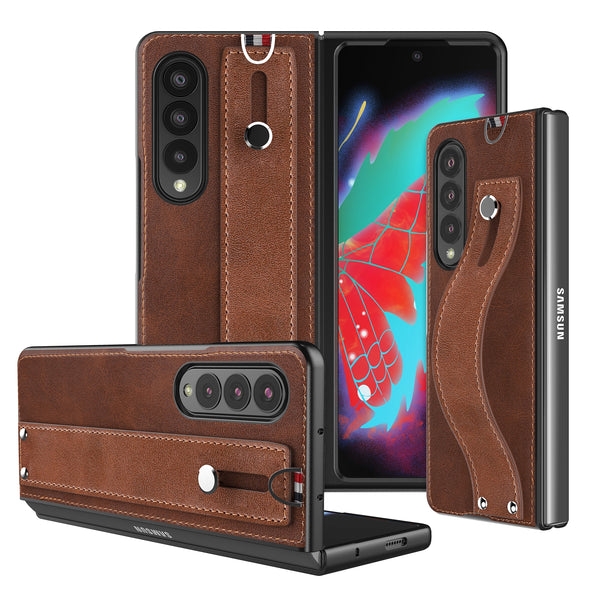 New Slim Lightweight Leather Protective Bumper Case With Hand Strap For Samsung Galaxy Z Fold 3 5G Series