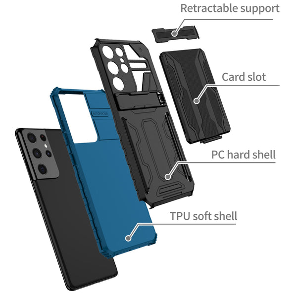 New Dual-Layer Hybrid Protective Credit Card Slot Hard Case With Kickstand Cover For Samsung Galaxy S23 S22 S21 Plus Ultra Series