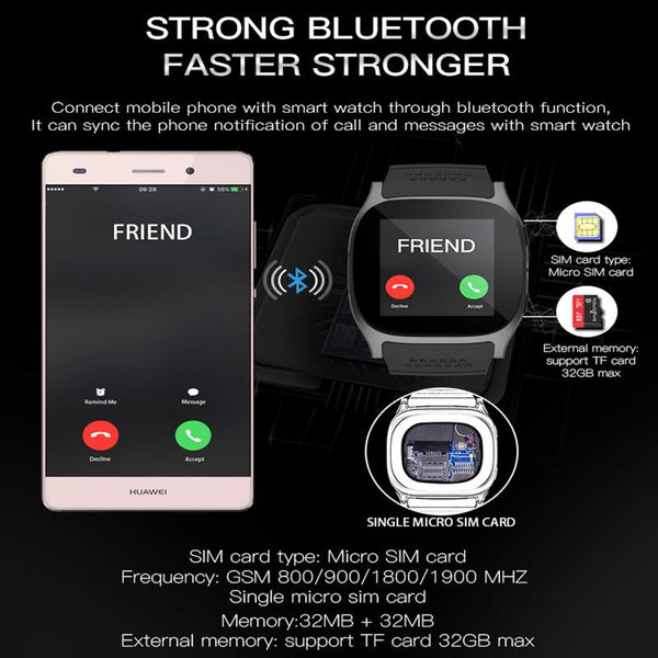 New Bluetooth Smart Watch with Camera Music Player Facebook Whatsapp Sync SMS Support SIM TF Card for Android