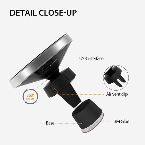 New 360 Degree Rotation Qi Wireless Magnetic Car Holder Charger For Compatible iPhones & Samsung Smart Phones