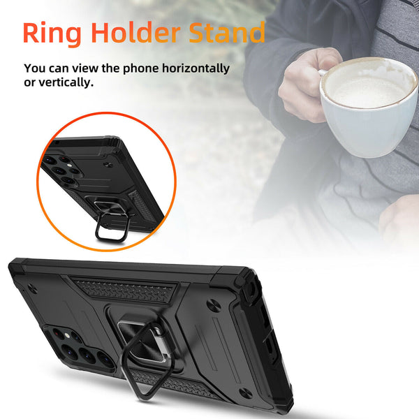 New Rugged Armor Magnetic Bumper Case With Ring Holder Kickstand For Galaxy S22 Series